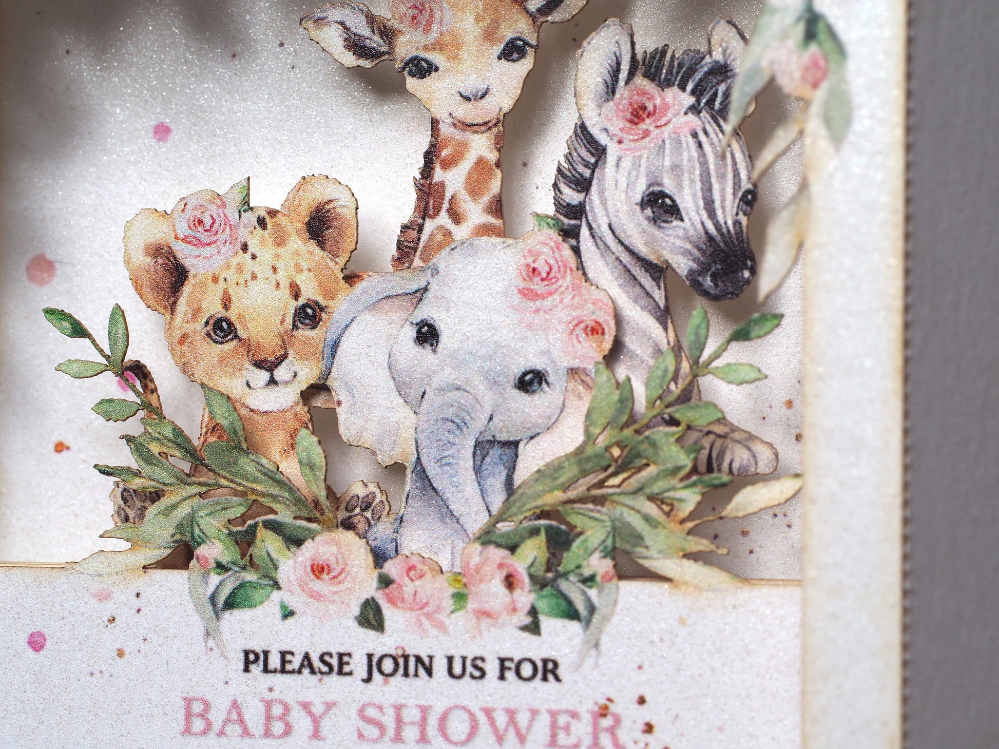 Baby shower pop up paper invitation. 3d box folded invite with custom text. Animals and flowers. Party decor, stationery. Kids, girls, pink