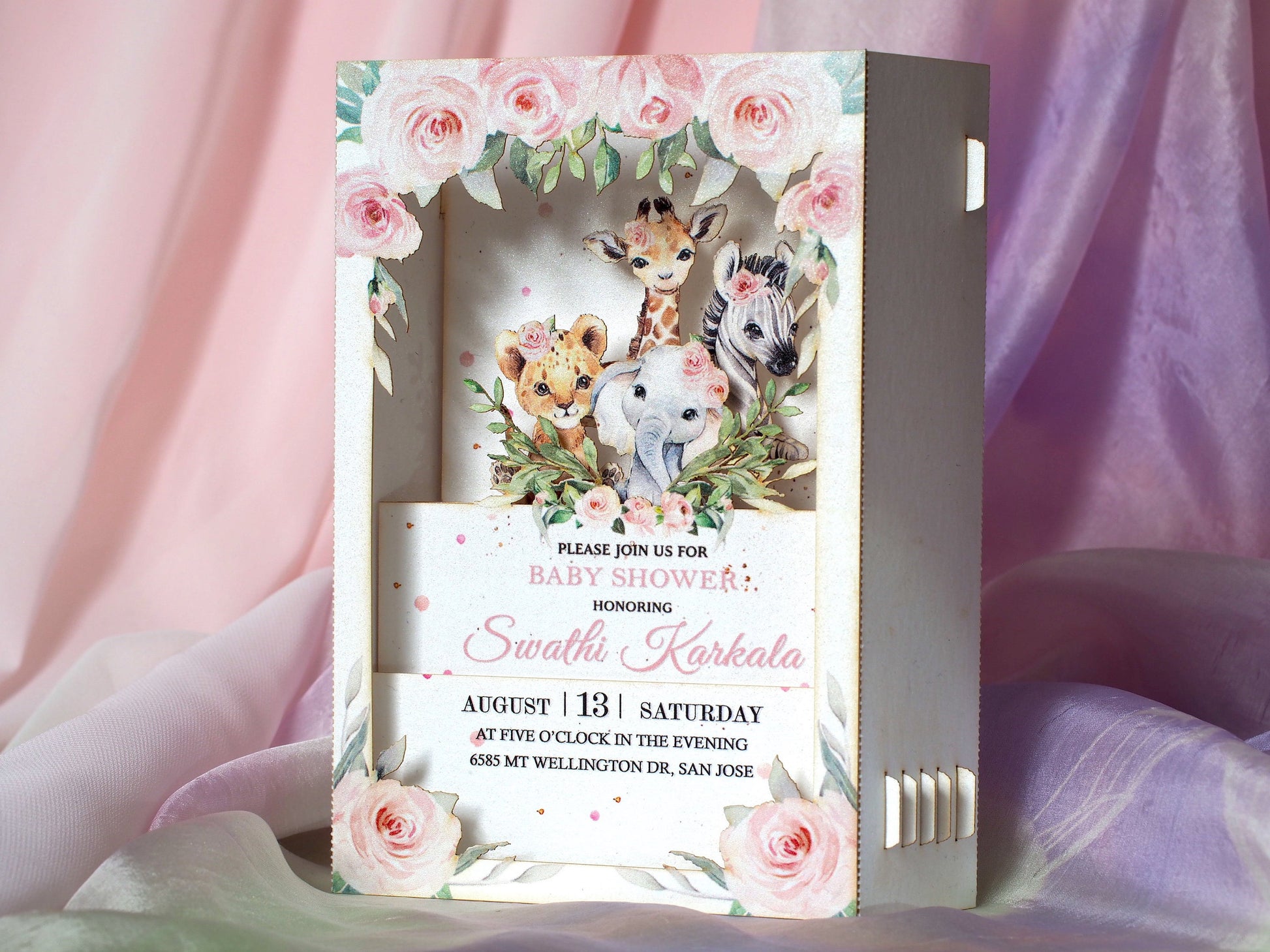 Baby shower pop up paper invitation. 3d box folded invite with custom text. Animals and flowers. Party decor, stationery. Kids, girls, pink