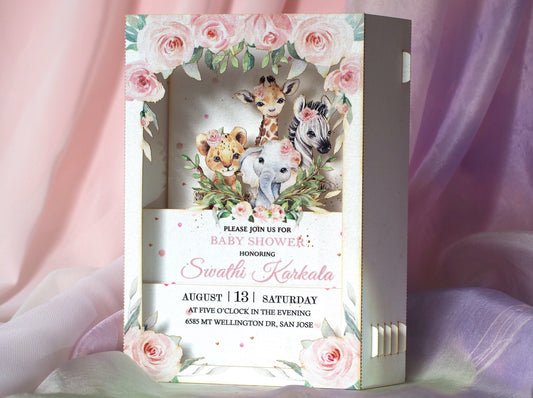 Baby shower pop up paper invitation. 3d box folded invite with custom text. Animals and flowers. Party decor, stationery. Kids, girls, pink