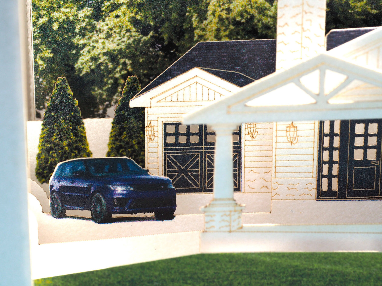 House paper pop up villa model miniature. Popup 3d laser cut box with villa design. Custom design card. Logo, company, promo gift. Company