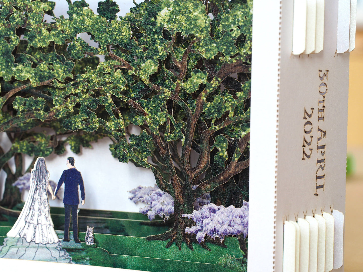 Oak park alley wedding invitation. Paper pop-up box cards. Wedding stationary. Bride and groom figures, cat, trees.