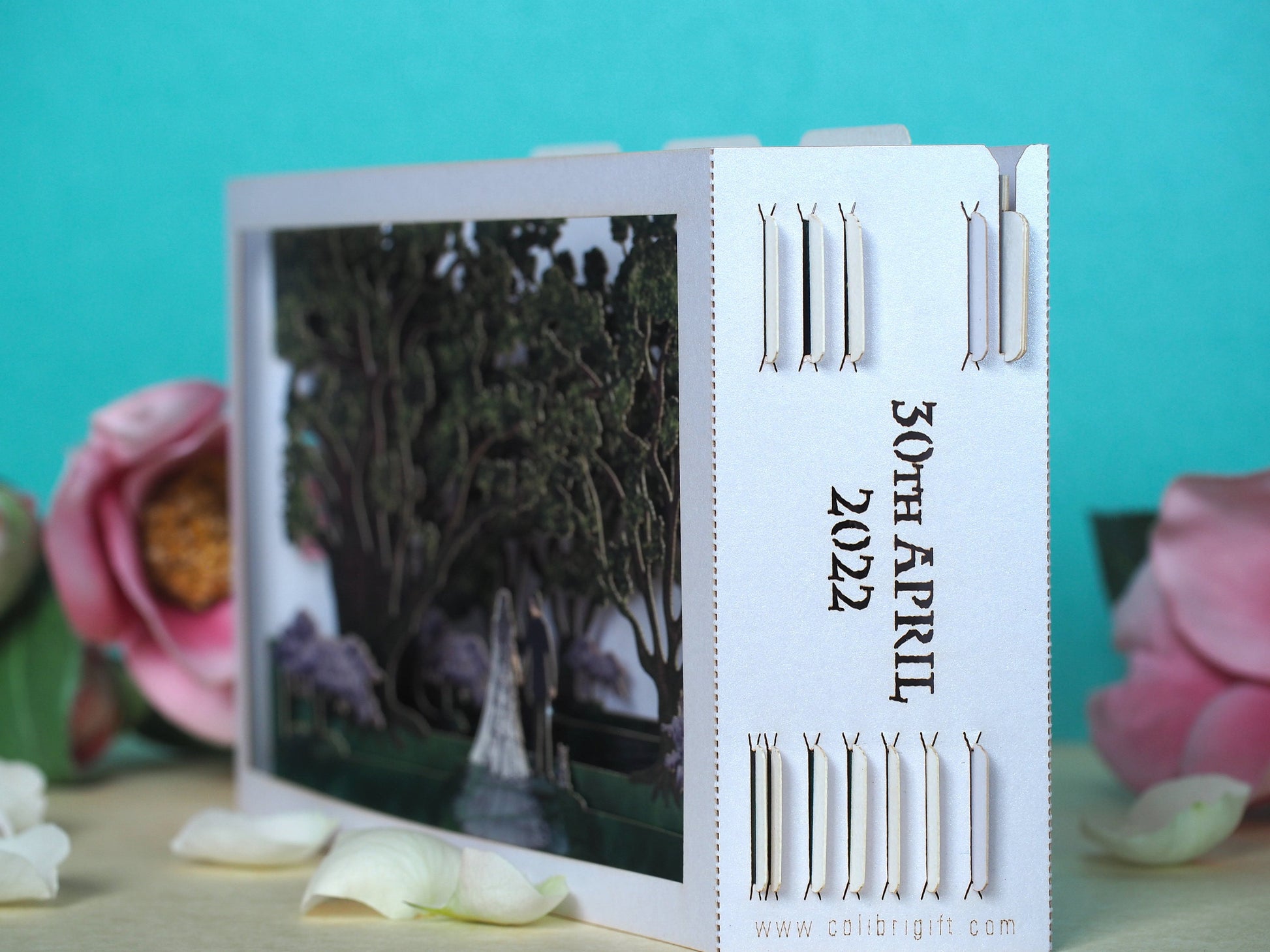 Oak park alley wedding invitation. Paper pop-up box cards. Wedding stationary. Bride and groom figures, cat, trees.
