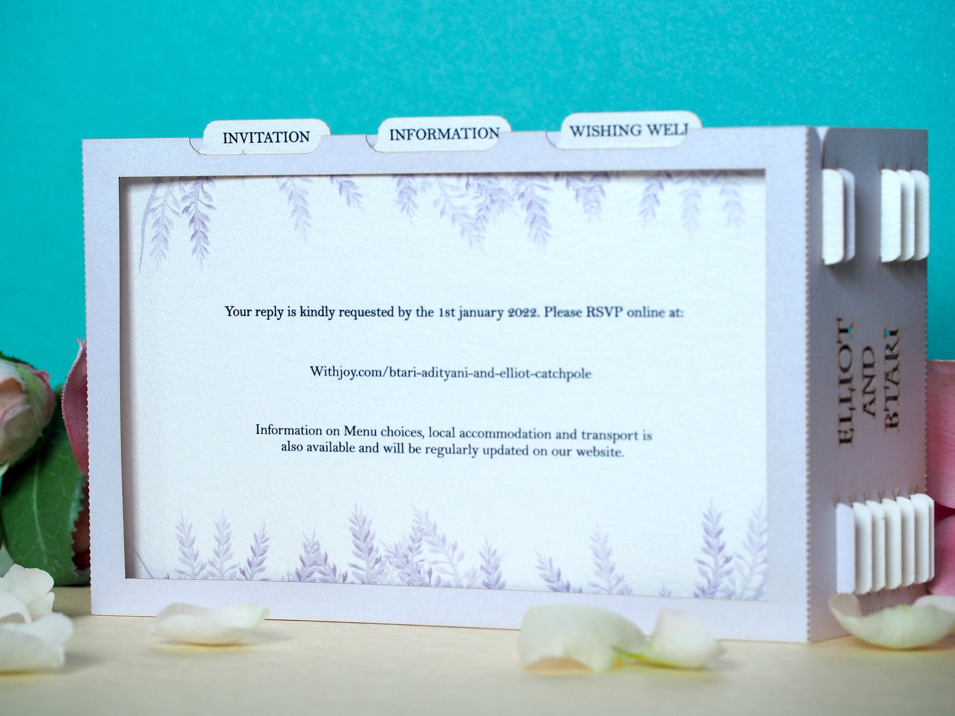 Oak park alley wedding invitation. Paper pop-up box cards. Wedding stationary. Bride and groom figures, cat, trees.