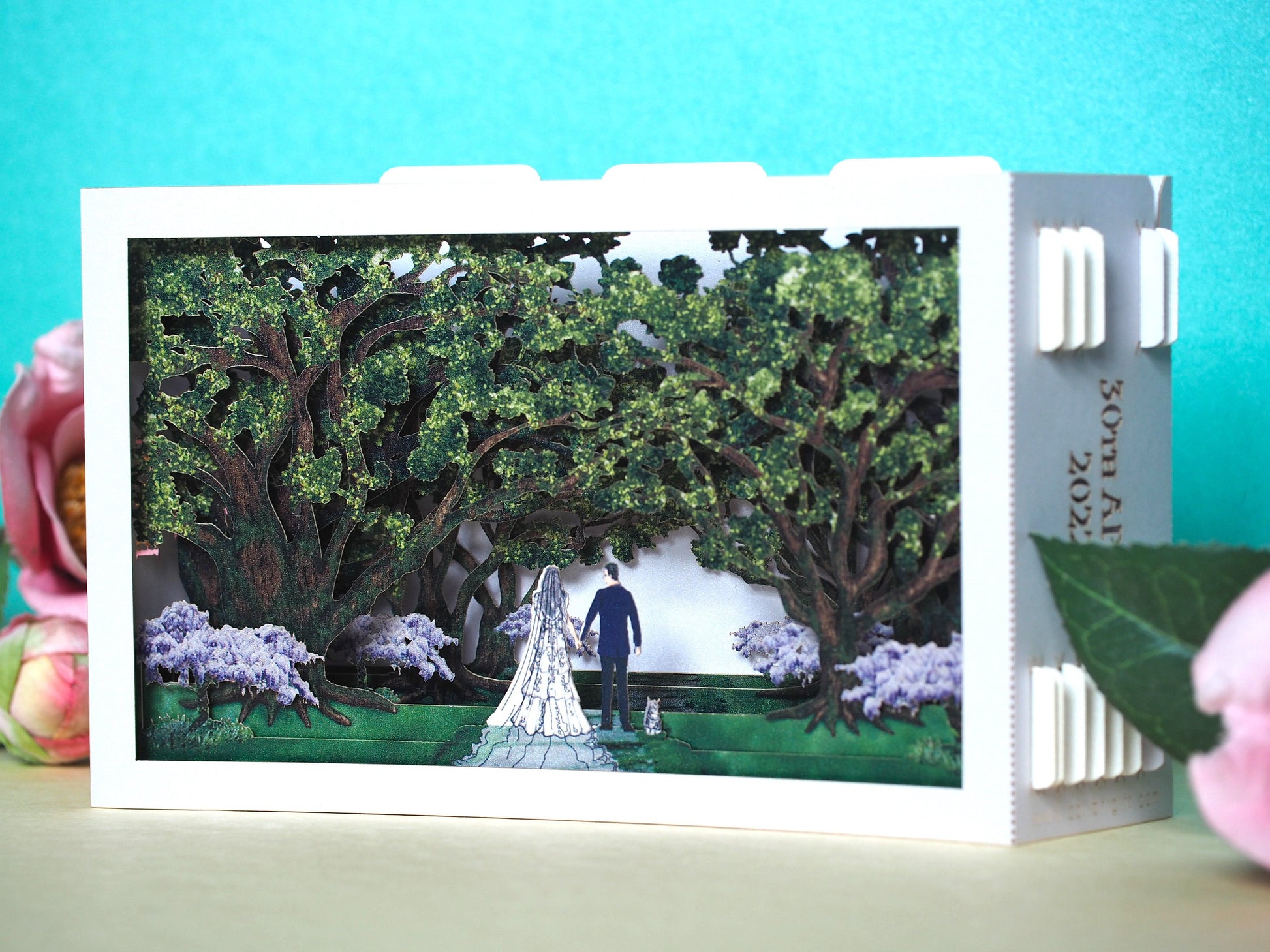 Oak park alley wedding invitation. Paper pop-up box cards. Wedding stationary. Bride and groom figures, cat, trees.