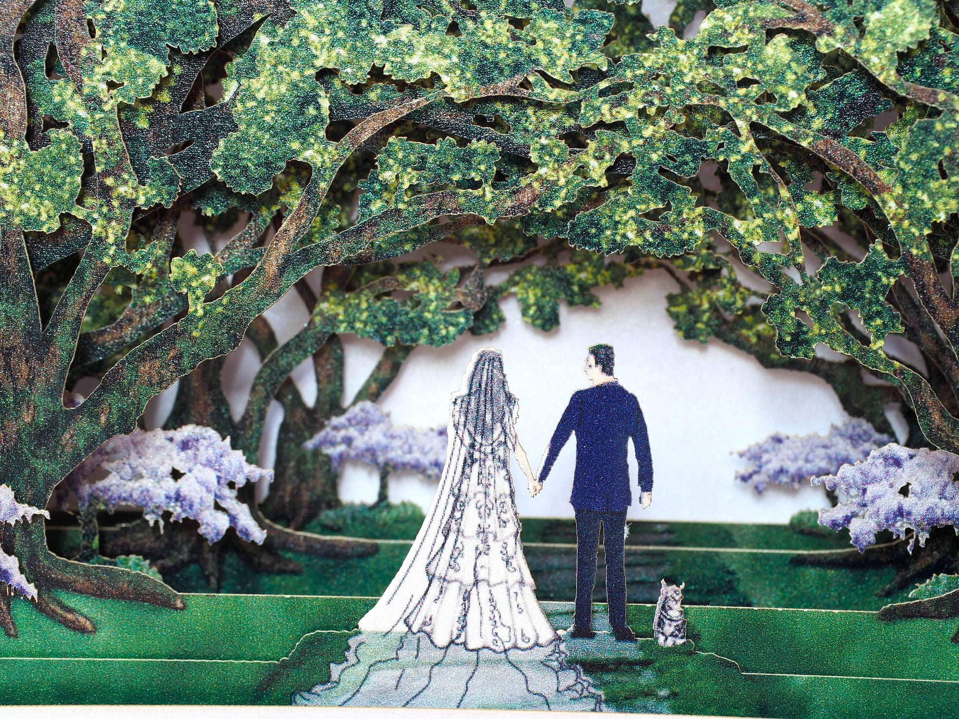 Oak park alley wedding invitation. Paper pop-up box cards. Wedding stationary. Bride and groom figures, cat, trees.