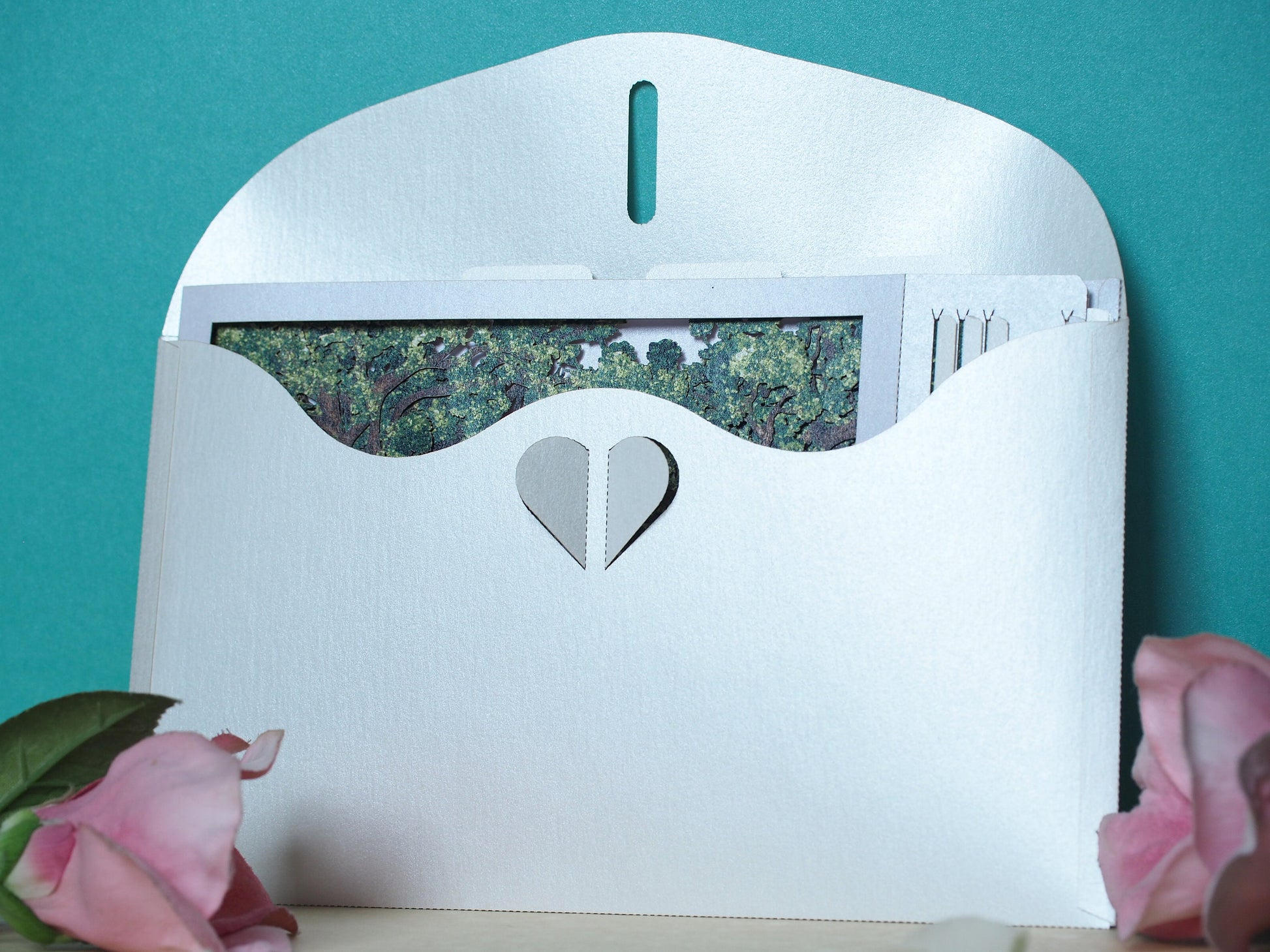 Oak park alley wedding invitation. Paper pop-up box cards. Wedding stationary. Bride and groom figures, cat, trees.