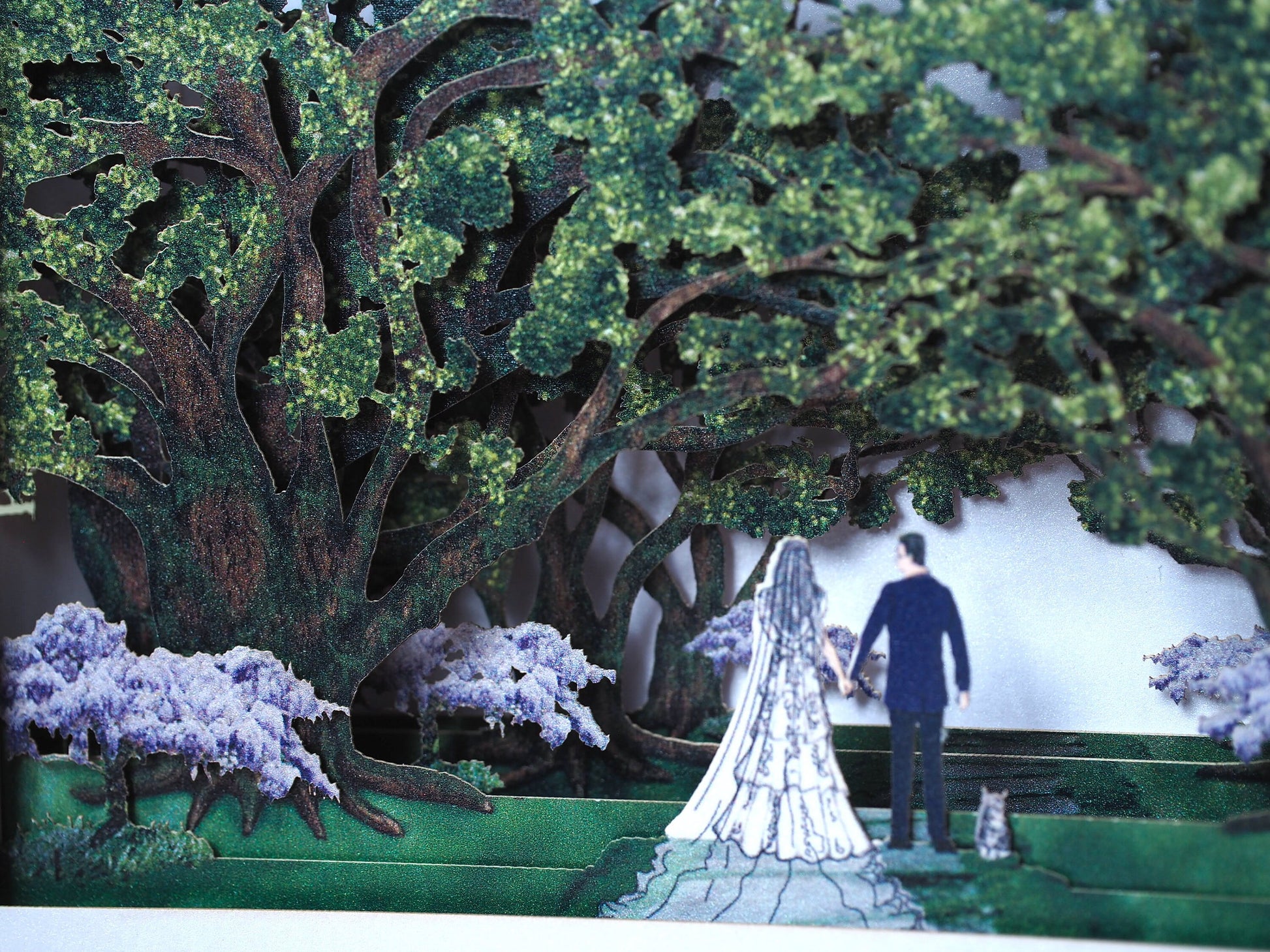 Oak park alley wedding invitation. Paper pop-up box cards. Wedding stationary. Bride and groom figures, cat, trees.