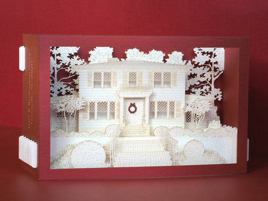 Paper pop-up shadow box miniature building, house, villa. 3d laser cut architecture. Custom design popup cards with company logo promo card