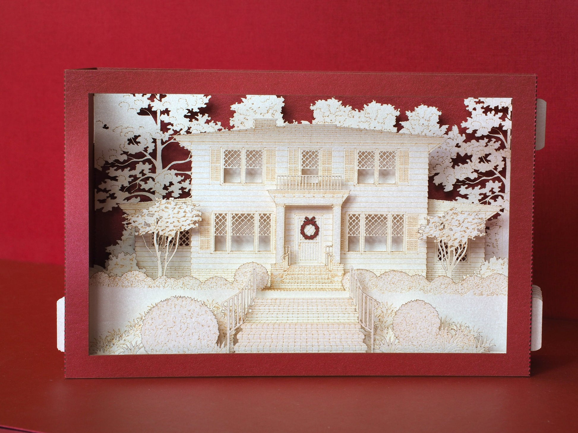 Paper pop-up shadow box miniature building, house, villa. 3d laser cut architecture. Custom design popup cards with company logo promo card