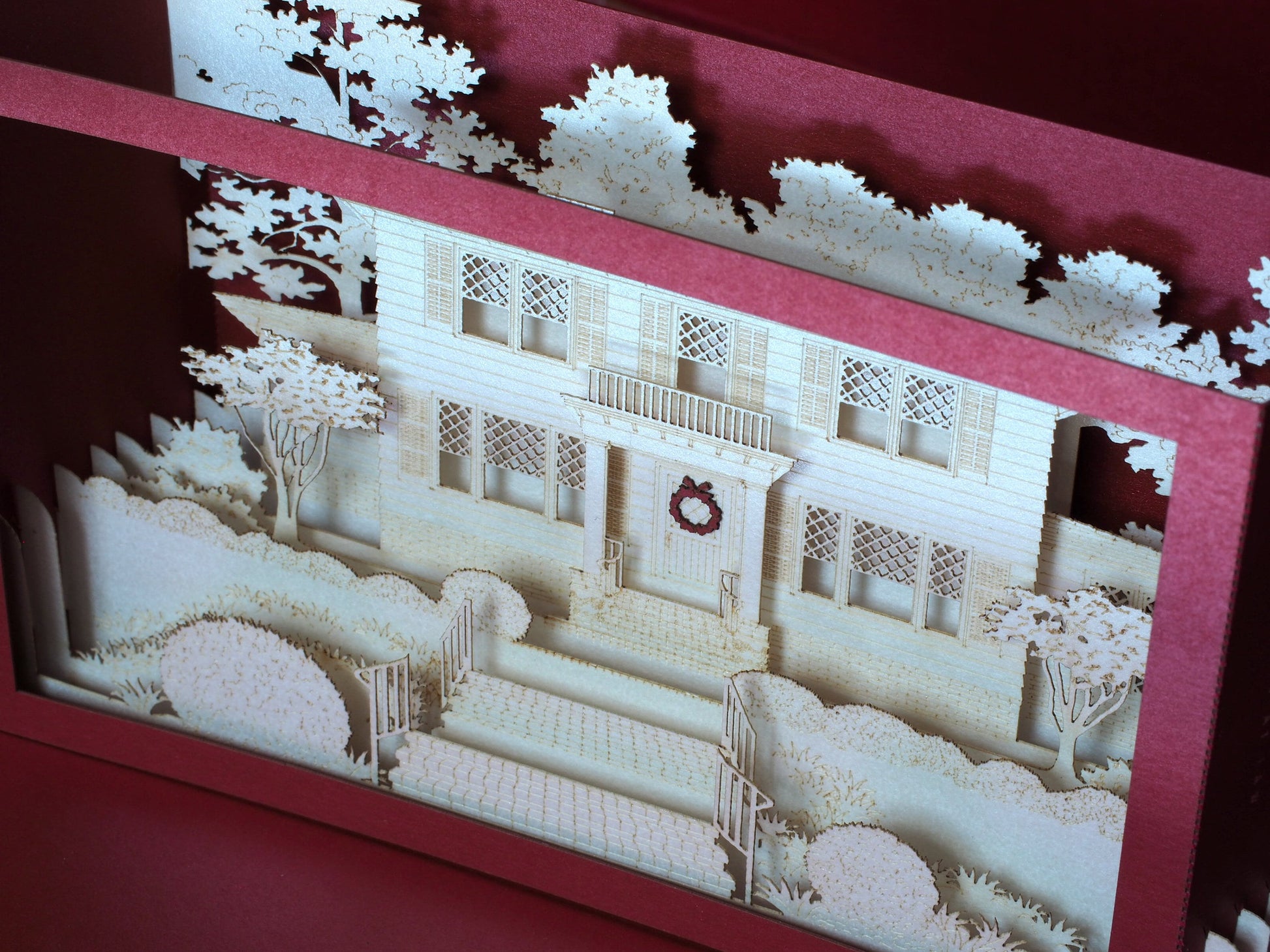 Paper pop-up shadow box miniature building, house, villa. 3d laser cut architecture. Custom design popup cards with company logo promo card