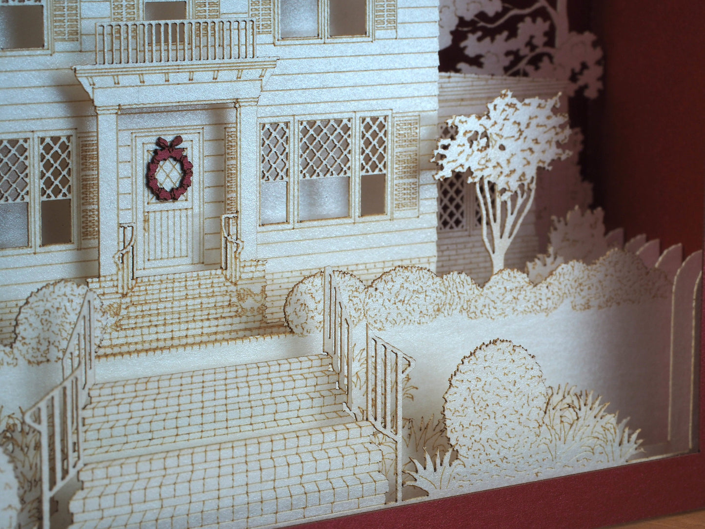 Paper pop-up shadow box miniature building, house, villa. 3d laser cut architecture. Custom design popup cards with company logo promo card