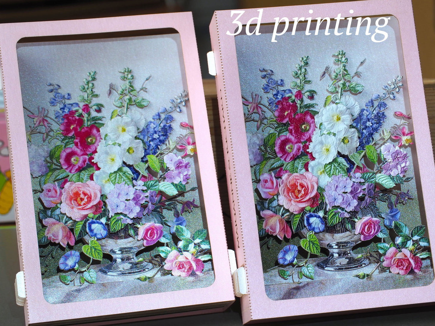 Luxury 3D pop up greeting card with vintage floral bouquet in a vase, elegant botanical still life design, premium keepsake card for birthdays and special occasions.