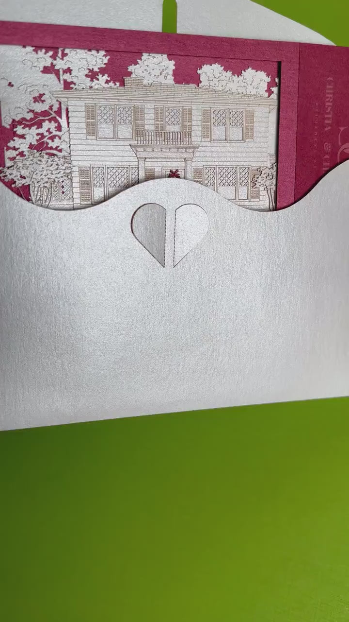 Paper pop-up shadow box miniature building, house, villa. 3d laser cut architecture. Custom design popup cards with company logo promo card