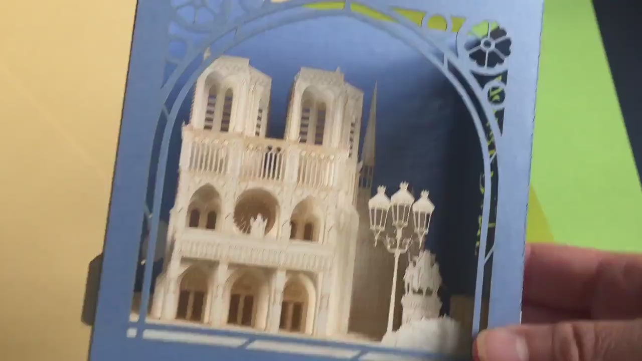 Memento 3d pop up paper card. France Notre Dame de Paris. Model Cathedral Church Catholic. La cathédrale Notre-Dame de Paris, Vierge Marie.