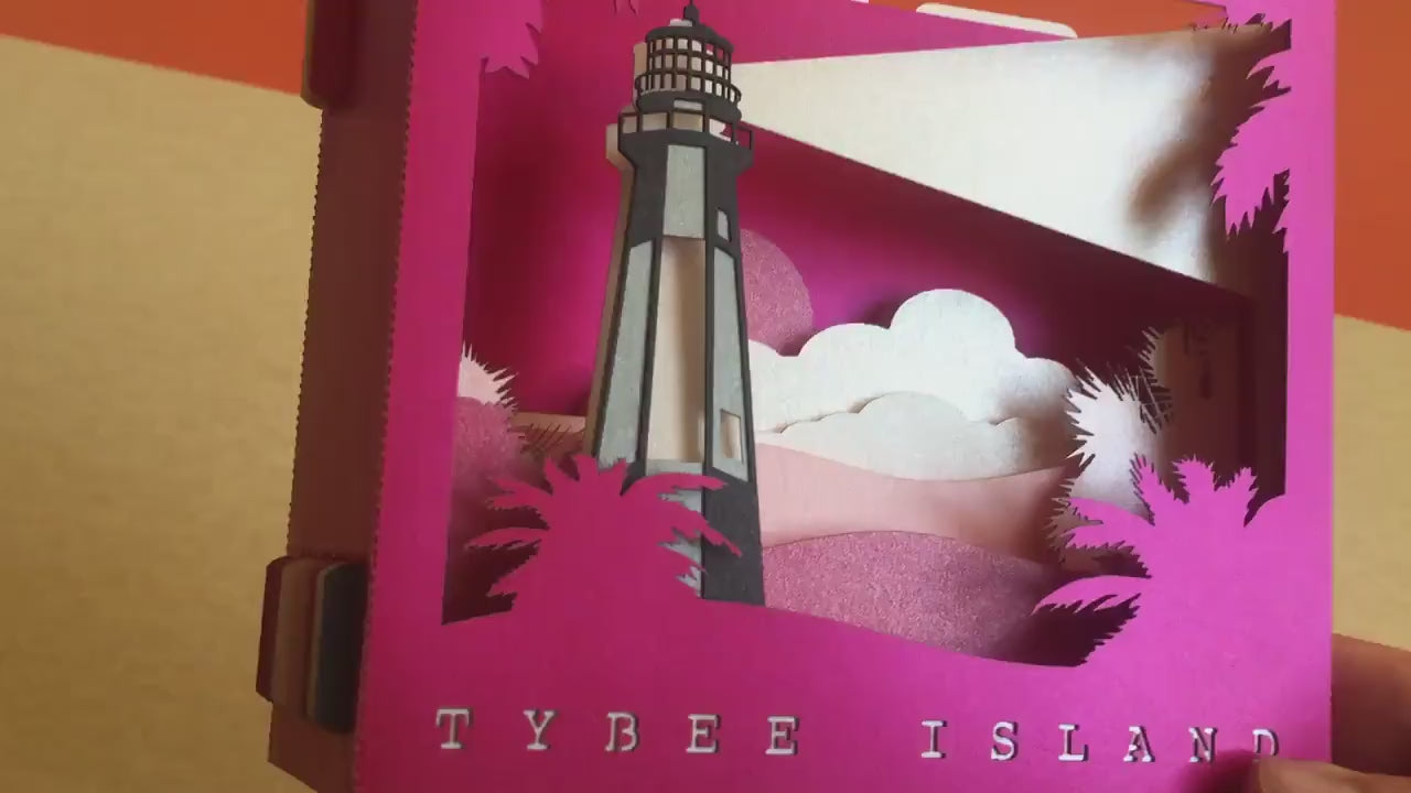Tybee Island Chatham County, Georgia United States. Paper pop up miniature art model. Card, craft laser cut art-work. Lighthouse, sunrise