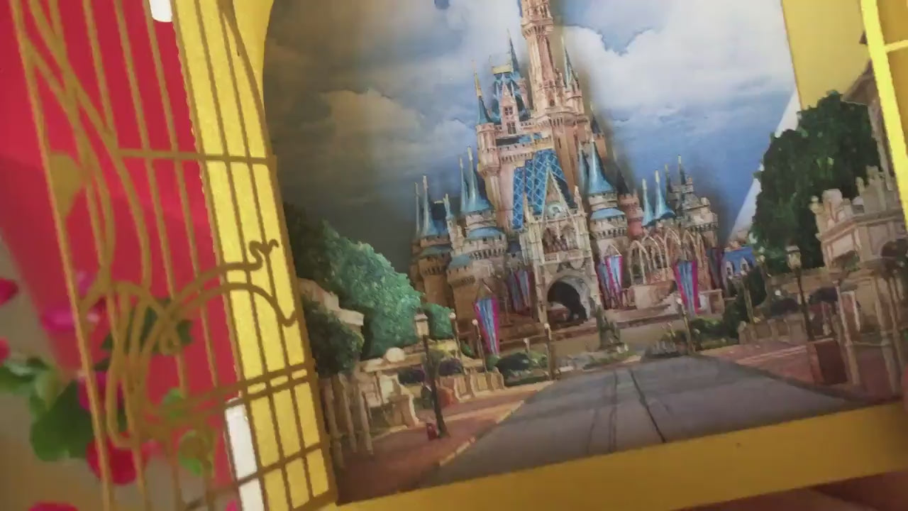 Castle Magic Kingdom paper miniature gift card. Gold Chateau. Fairytale Palace. Child, kids birthday gifts. Greeting pop up cards Gates open