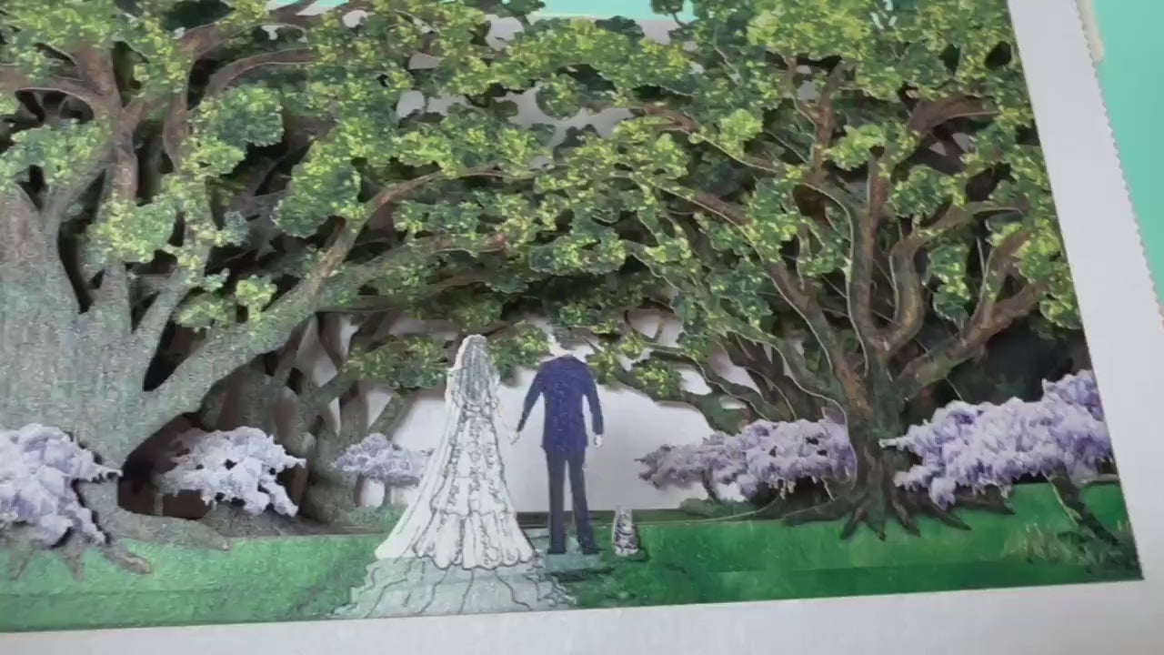 Wedding invitation. Oak Alley Plantation. Park venue. Wedding stationary pop up box folded cards with RSVP inserts. Bride, groom figures