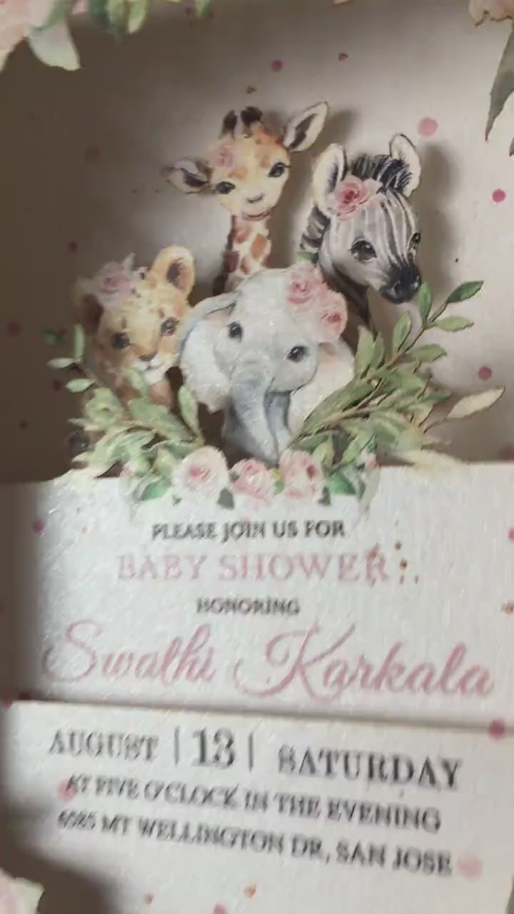 Baby shower pop up paper invitation. 3d box folded invite with custom text. Animals and flowers. Party decor, stationery. Kids, girls, pink