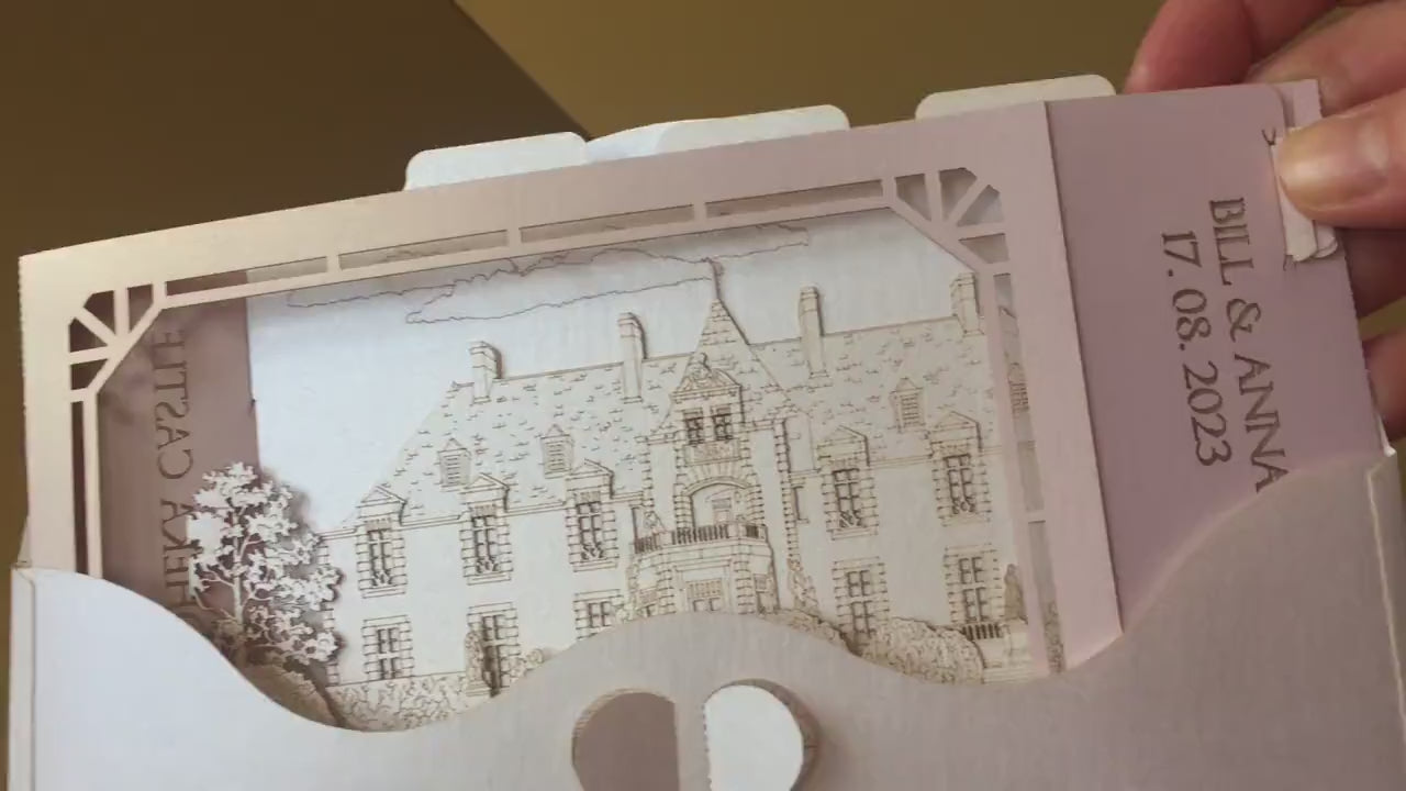 Oheka Castle wedding invitations. Marriage venue. USA weddings. Pop up paper miniature Palace. Laser cut 3d box with RSVP. Huntington, NY