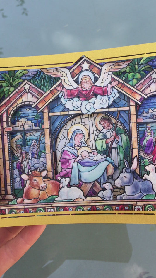 Christmas Nativity Holy Night Scene. Paper 3d laser cut box card. Baby Jesus, Mother Mary, Joseph, three Kings, animals, Holy Star, Angel. Pop up card. Model miniature.