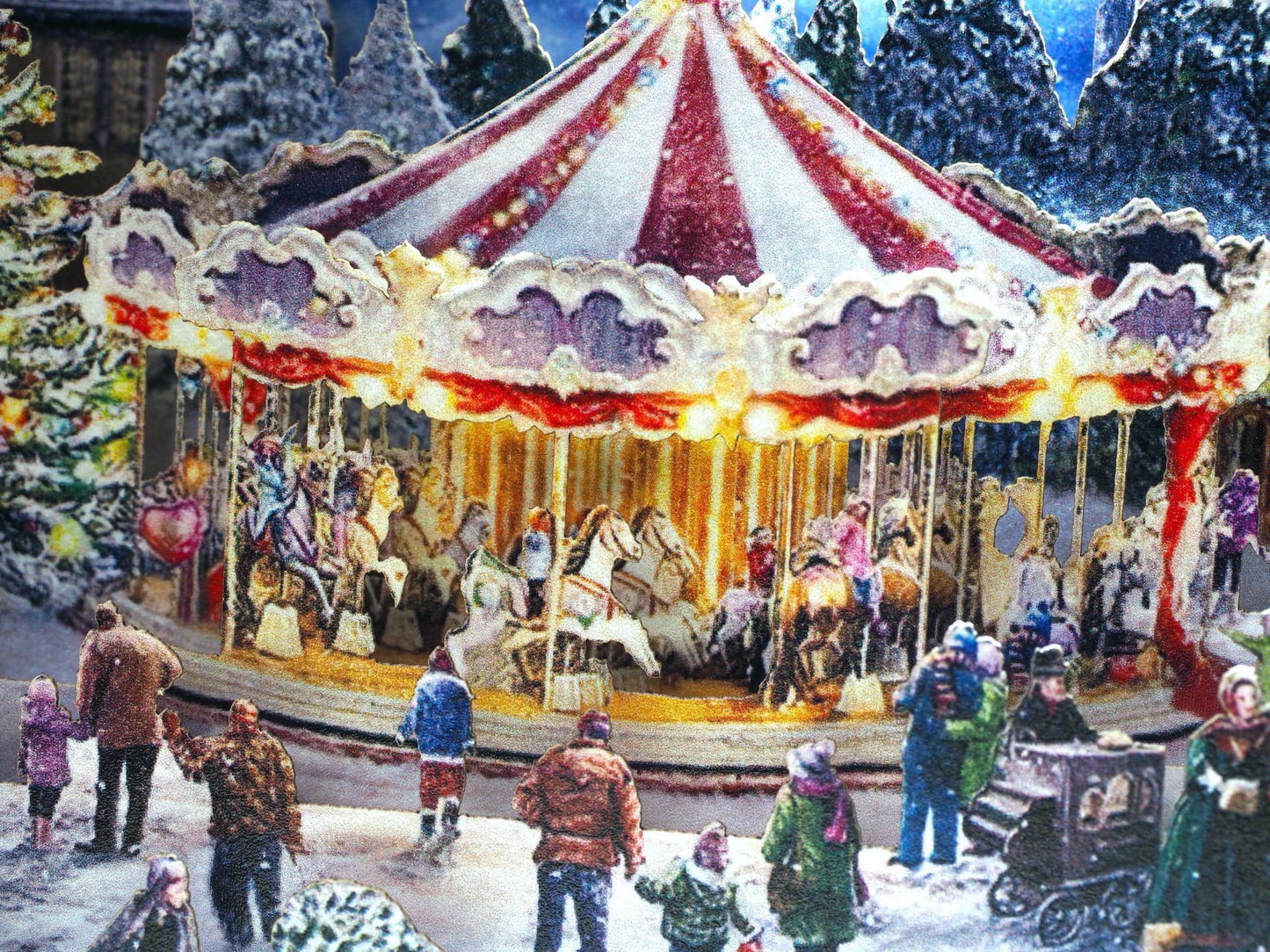 Christmas Carousel in the city. Paper pop upXmas holiday 3d card. Laser cut. Happy New Year greeting cards. - ColibriGift