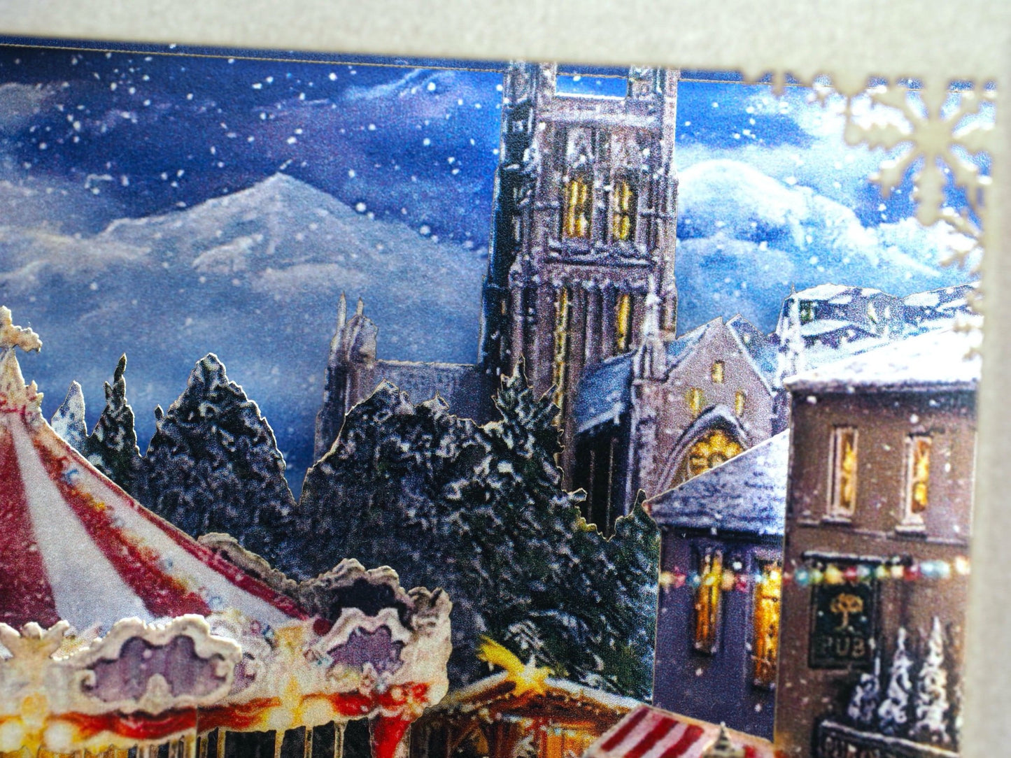 Christmas Carousel in the city. Paper pop upXmas holiday 3d card. Laser cut. Happy New Year greeting cards. - ColibriGift