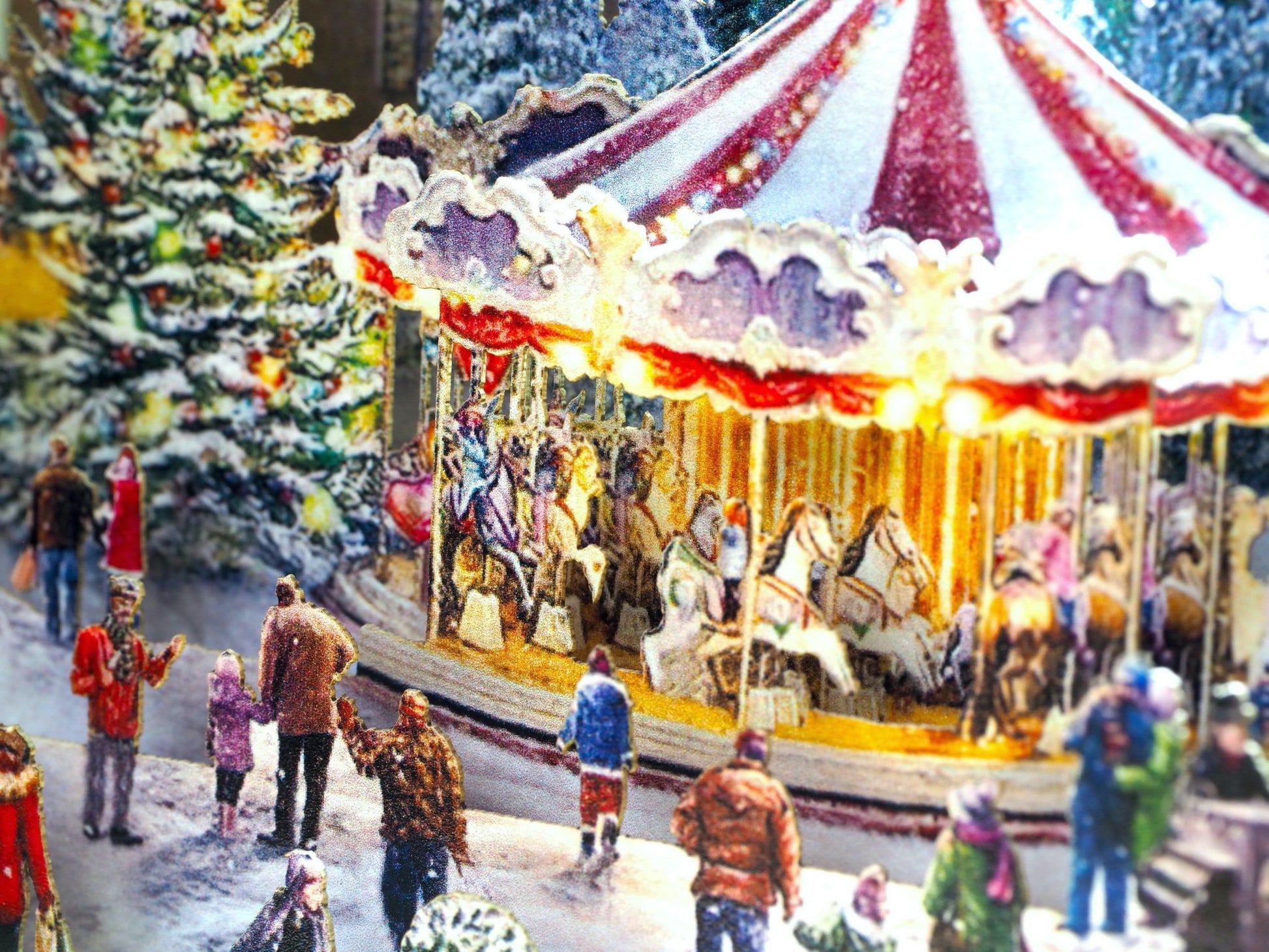 Christmas Carousel in the city. Paper pop upXmas holiday 3d card. Laser cut. Happy New Year greeting cards. - ColibriGift