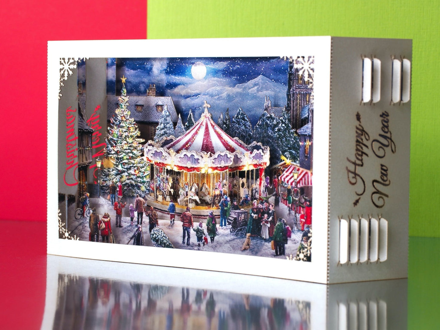 Christmas Carousel in the city. Paper pop upXmas holiday 3d card. Laser cut. Happy New Year greeting cards. - ColibriGift