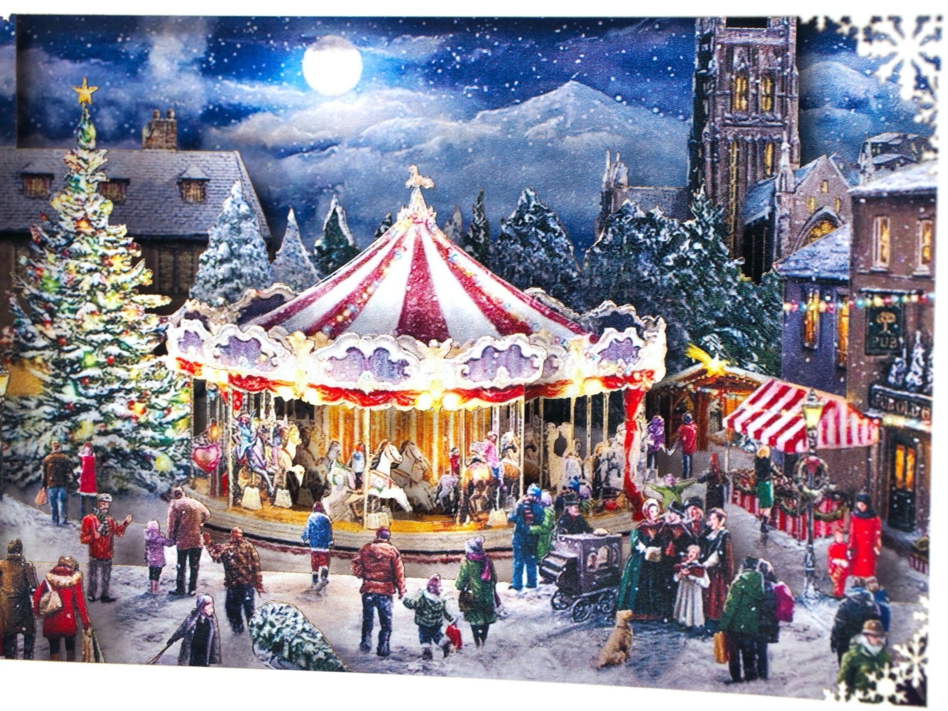 Christmas Carousel in the city. Paper pop upXmas holiday 3d card. Laser cut. Happy New Year greeting cards. - ColibriGift
