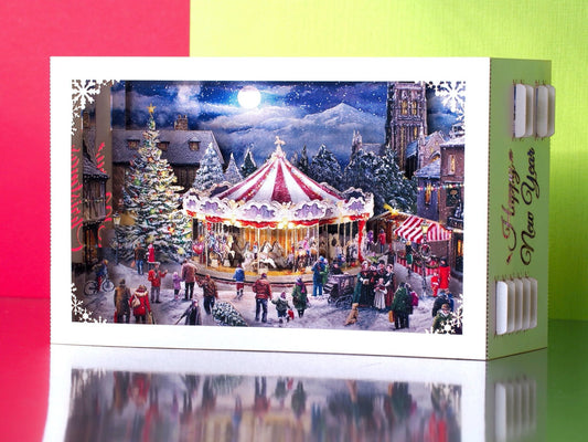 Christmas Carousel in the city. Paper pop upXmas holiday 3d card. Laser cut. Happy New Year greeting cards. - ColibriGift