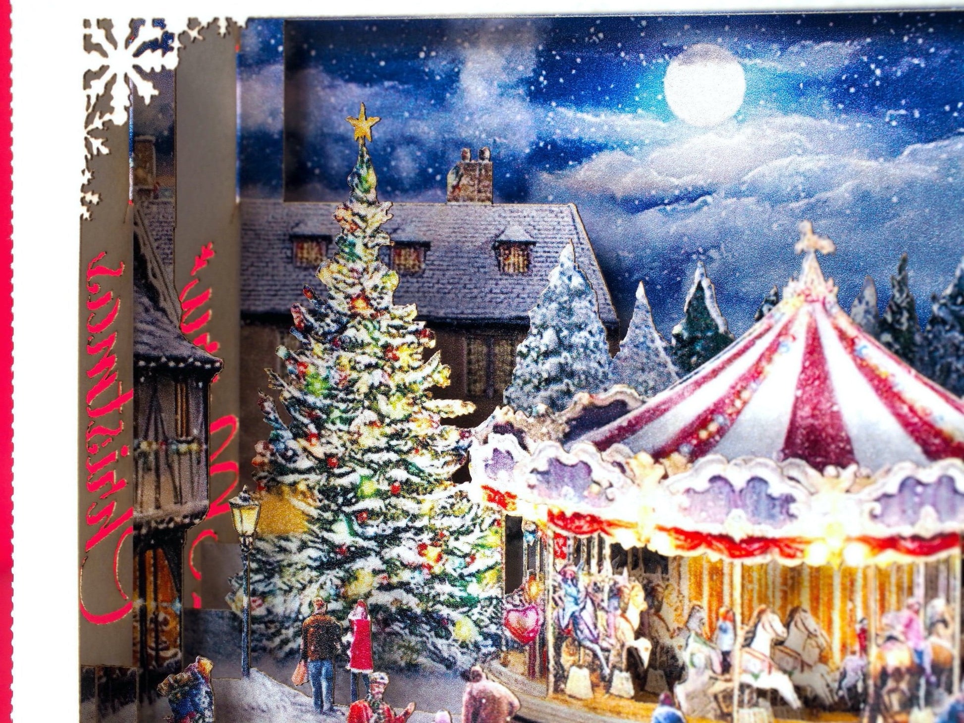 Christmas Carousel in the city. Paper pop upXmas holiday 3d card. Laser cut. Happy New Year greeting cards. - ColibriGift