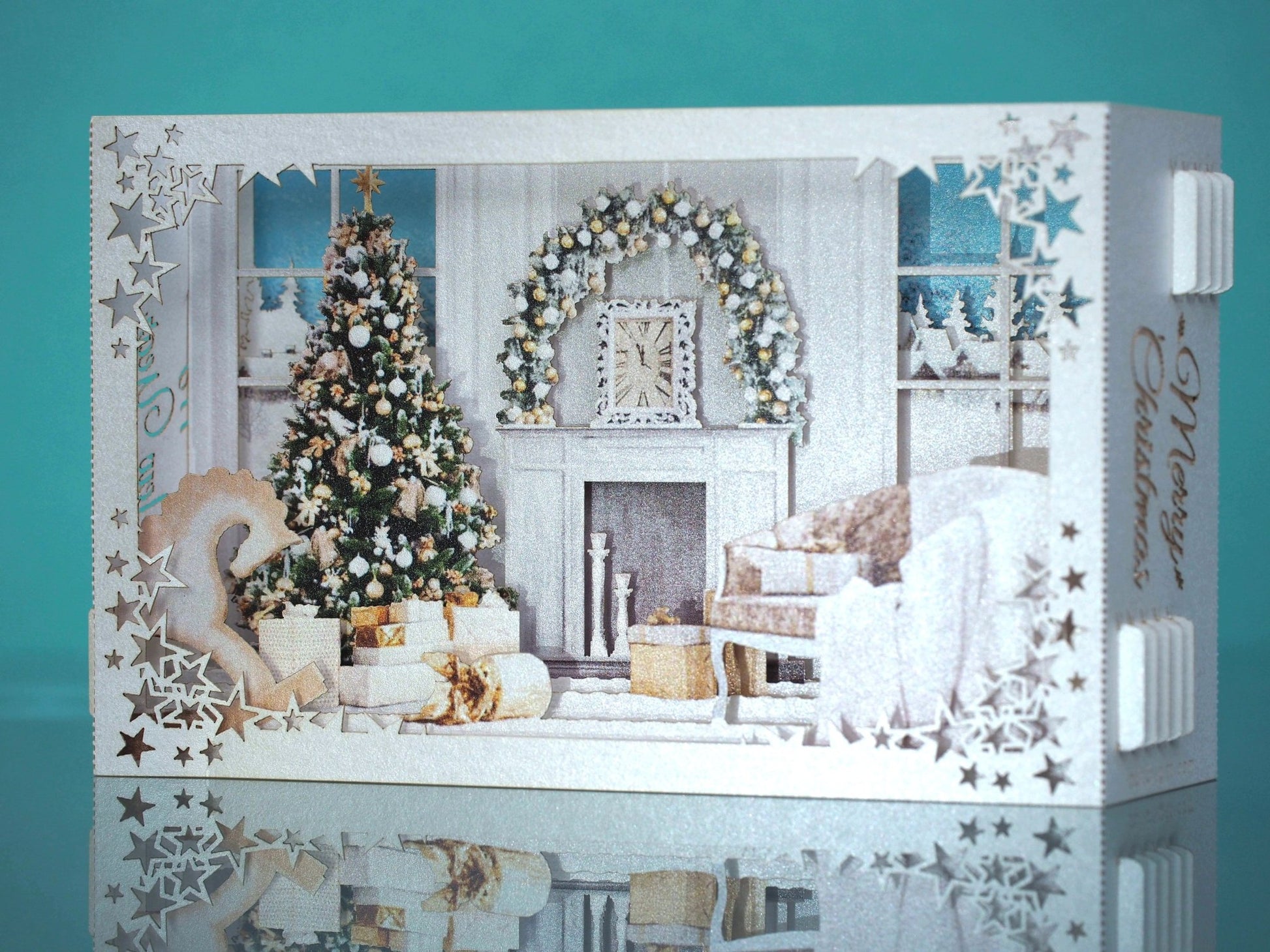 Christmas house 2023. Paper pop up card. Fireplace miniature, Christmas Tree. Laser cut box gift. - ColibriGift