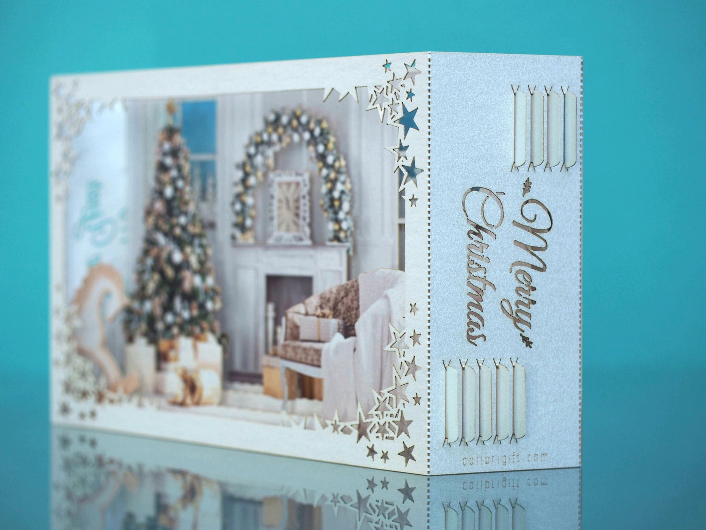 Christmas house 2023. Paper pop up card. Fireplace miniature, Christmas Tree. Laser cut box gift. - ColibriGift