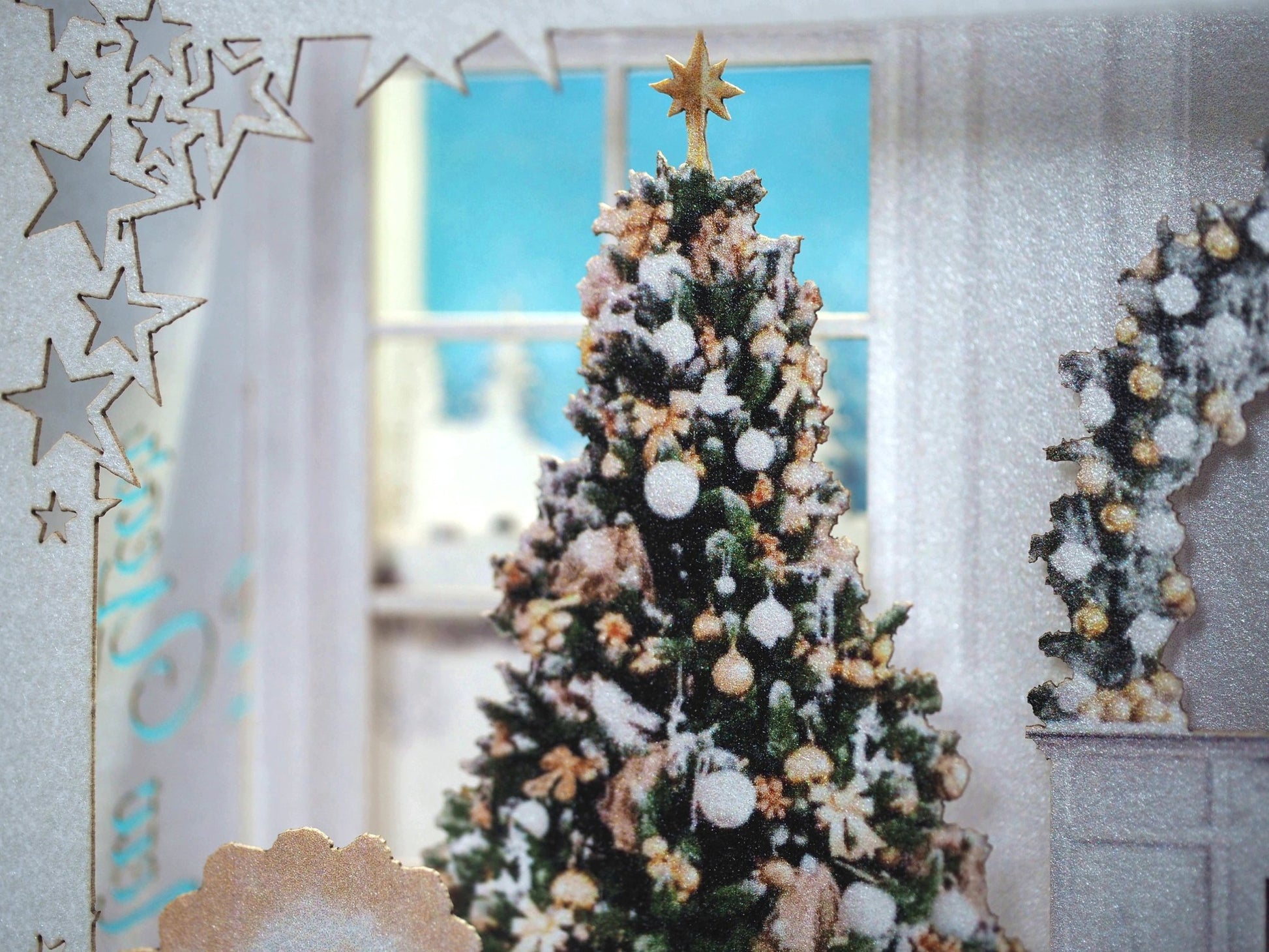 Christmas house 2023. Paper pop up card. Fireplace miniature, Christmas Tree. Laser cut box gift. - ColibriGift