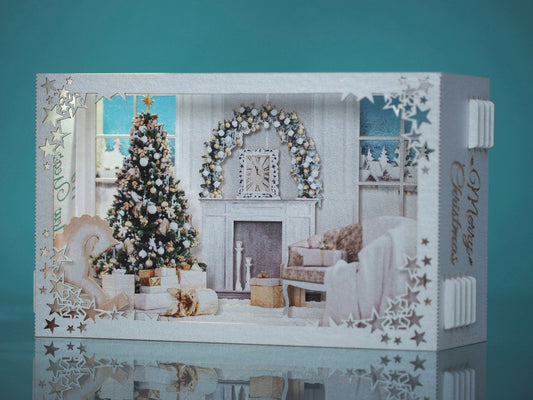 Christmas house 2023. Paper pop up card. Fireplace miniature, Christmas Tree. Laser cut box gift. - ColibriGift
