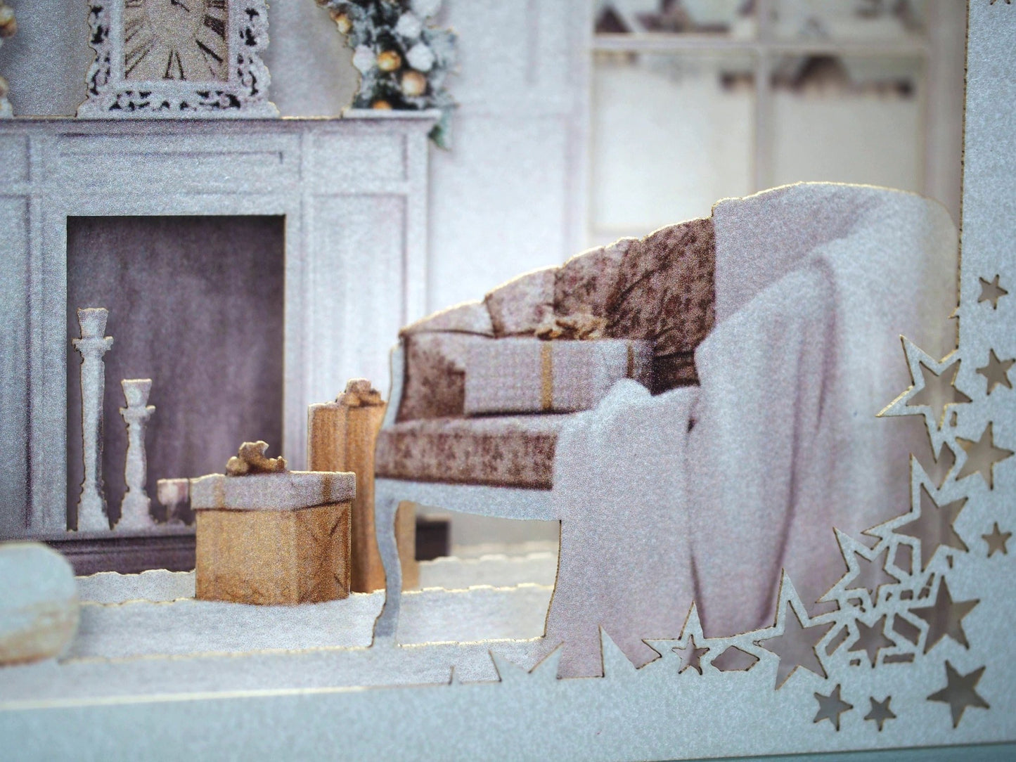 Christmas house 2023. Paper pop up card. Fireplace miniature, Christmas Tree. Laser cut box gift. - ColibriGift