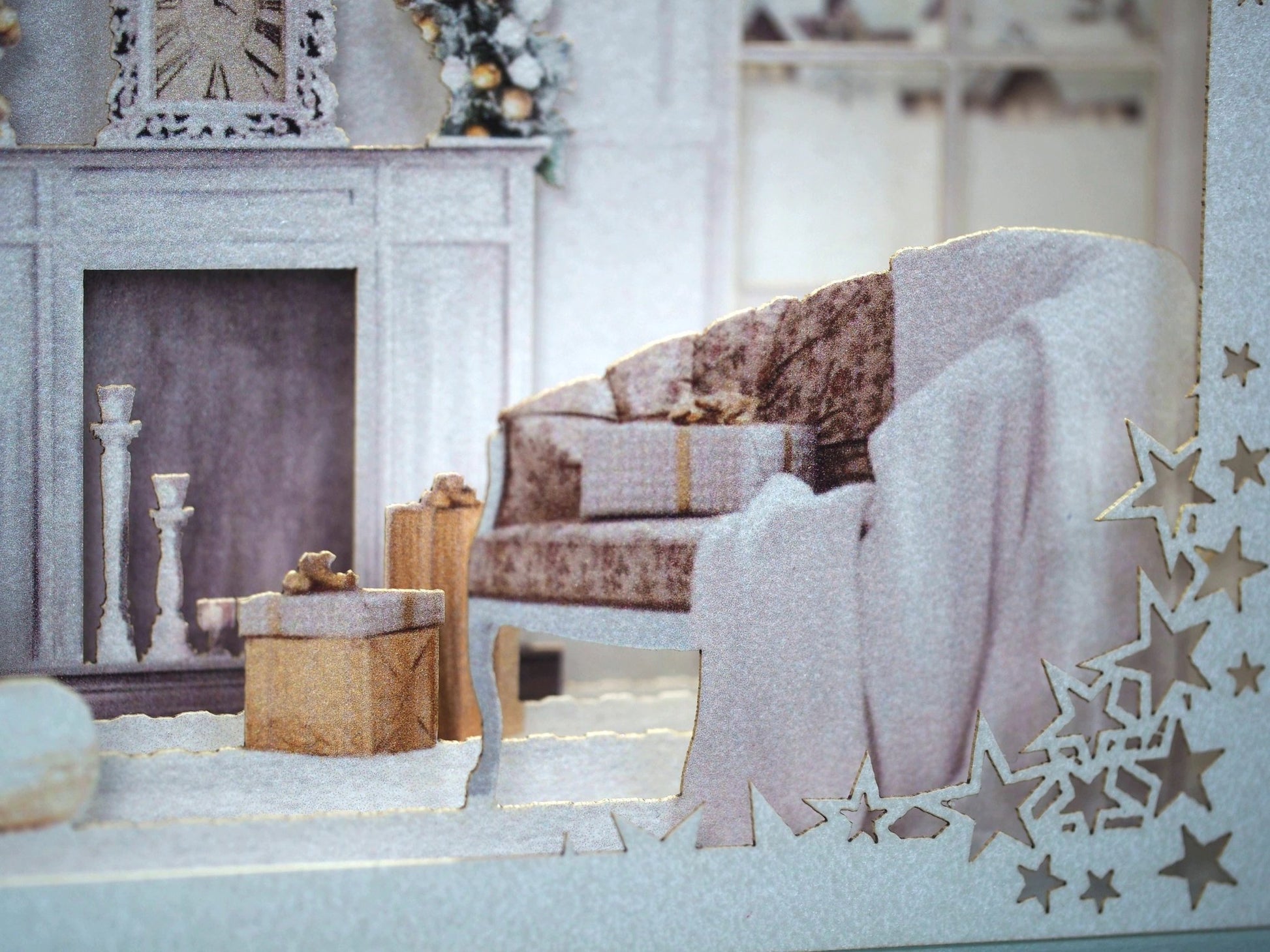 Christmas house 2023. Paper pop up card. Fireplace miniature, Christmas Tree. Laser cut box gift. - ColibriGift