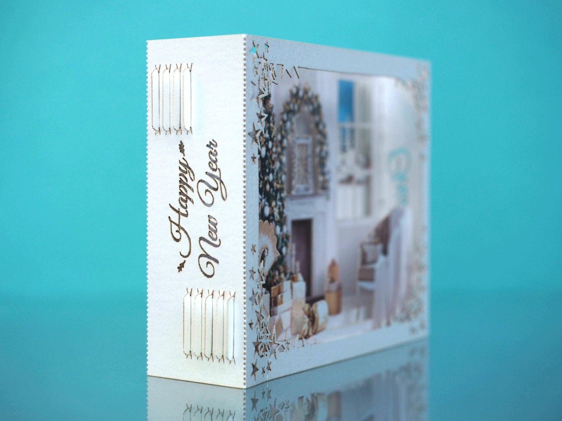 Christmas house 2023. Paper pop up card. Fireplace miniature, Christmas Tree. Laser cut box gift. - ColibriGift