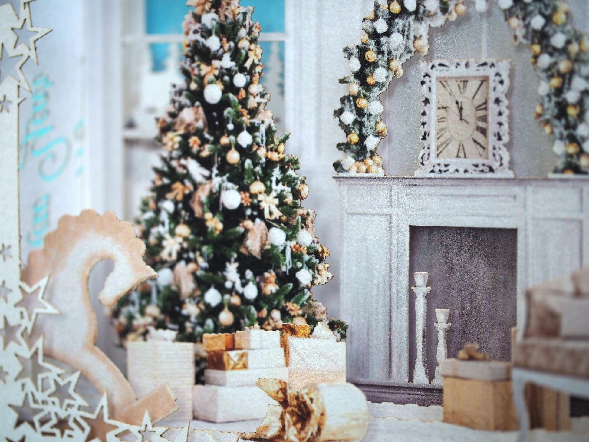 Christmas house 2023. Paper pop up card. Fireplace miniature, Christmas Tree. Laser cut box gift. - ColibriGift