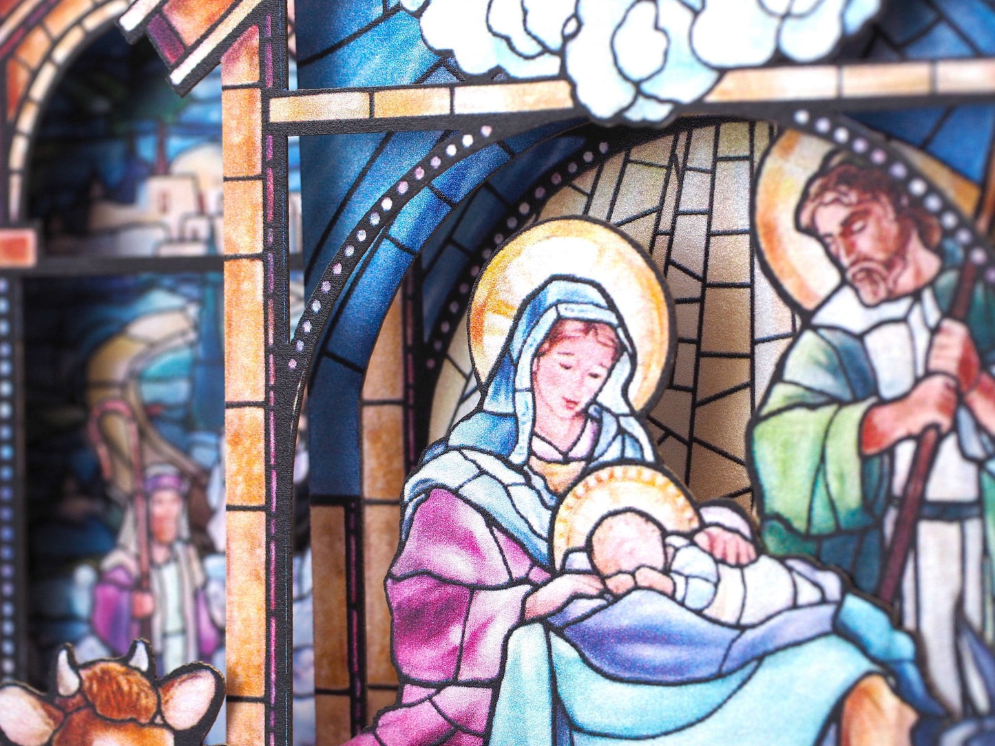 Christmas Nativity Holy Night Scene. Paper 3d laser cut box card. Baby Jesus, Mother Mary, Joseph, three ColibriGift