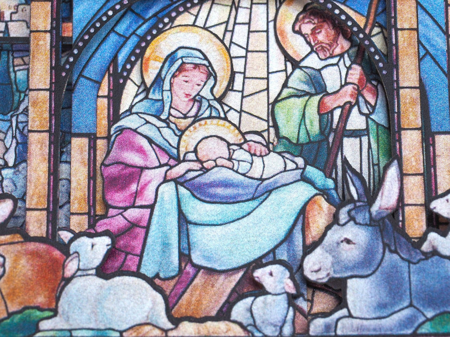 Christmas Nativity Holy Night Scene. Paper 3d laser cut box card. Baby Jesus, Mother Mary, Joseph, three ColibriGift