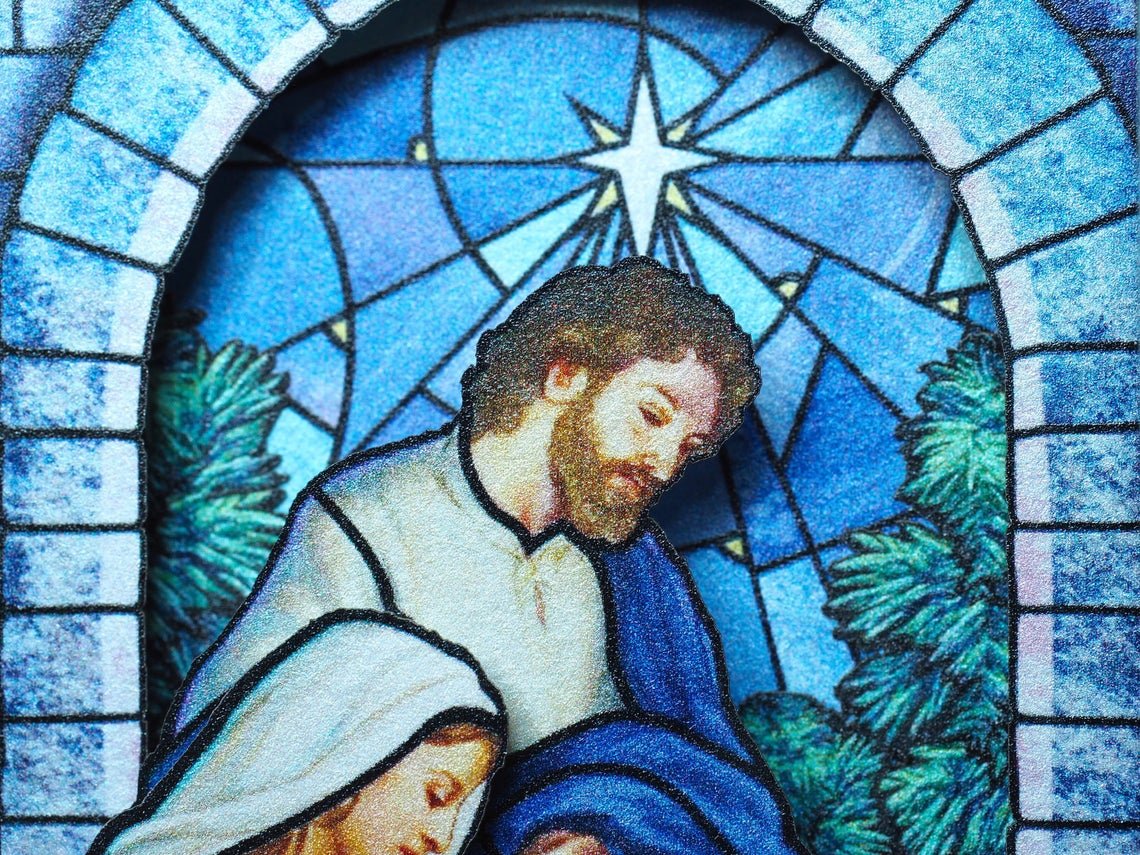 Christmas pop-up card Christmas Crib Nativity scene, Baby Jesus, Mother Mary, Angels, Holy Star - ColibriGift