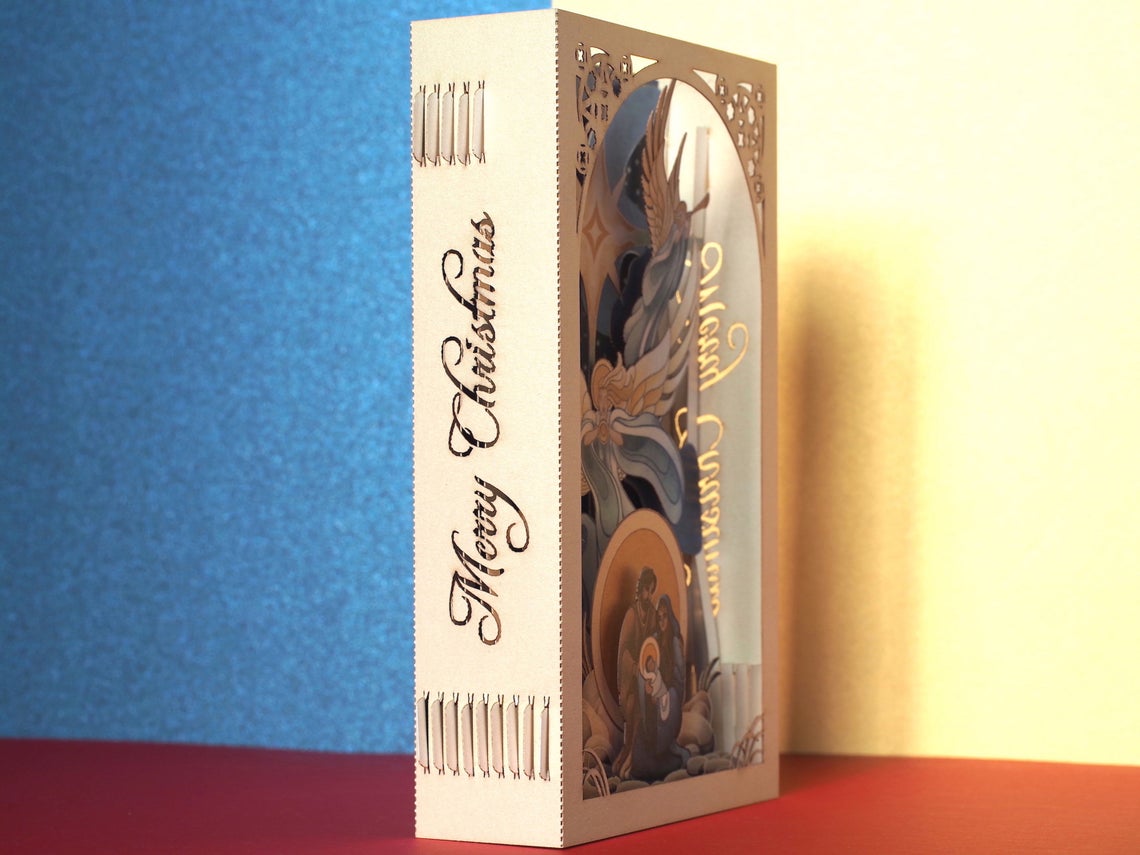 Christmas pop-up card Holy Crib Nativity scene, Baby Jesus, Mother Mary, Angels, Holy Star - ColibriGift