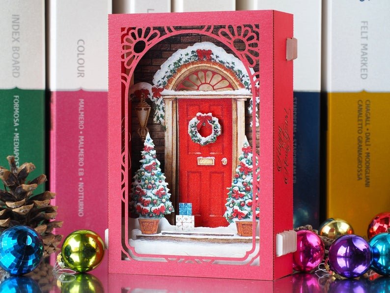 Christmas popup Card, Christmas Door Wreath, Xmas creative gift - ColibriGift
