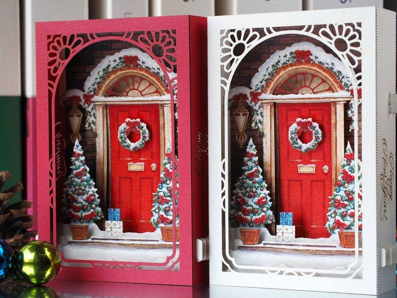 Christmas popup Card, Christmas Door Wreath, Xmas creative gift - ColibriGift