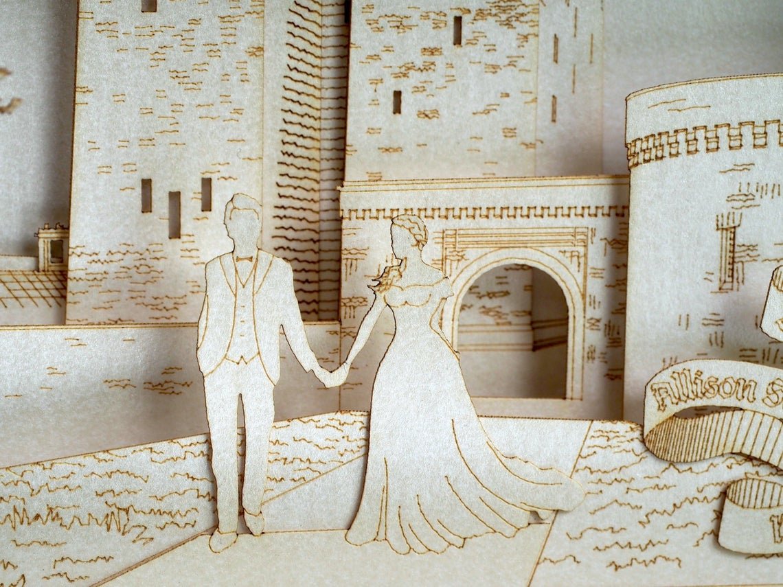 Custom wedding invitation Borthwick Castle Scotland Medieval Scottish fortifications pop-up card - ColibriGift