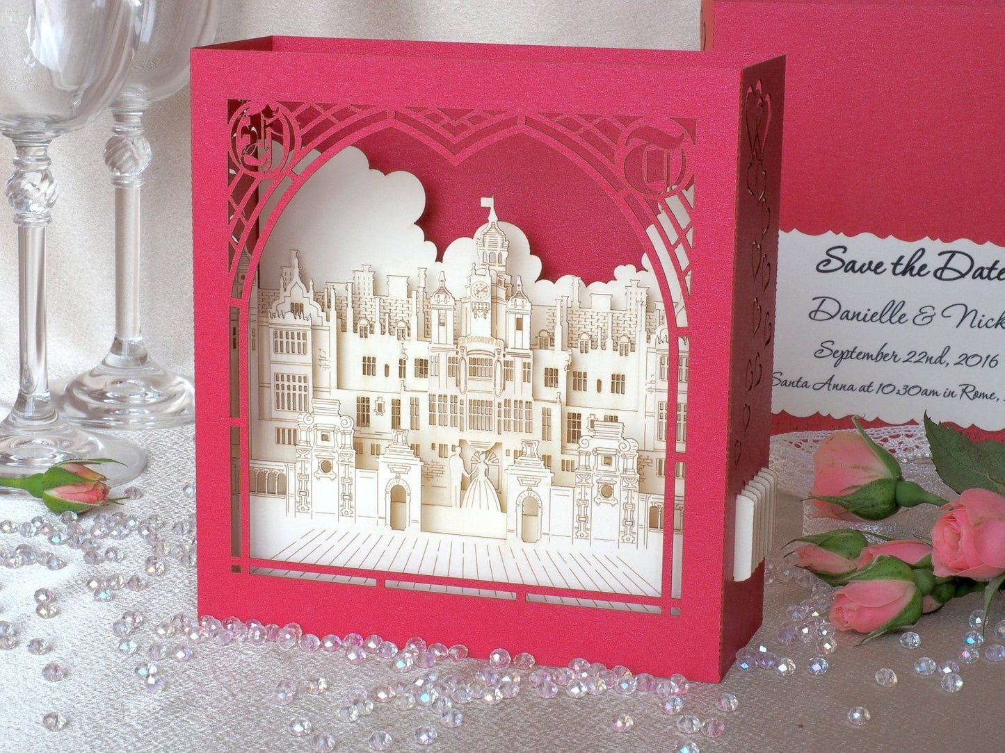 Custom wedding invitation Harlaxton Manor Lincolnshire England pop-up card - ColibriGift
