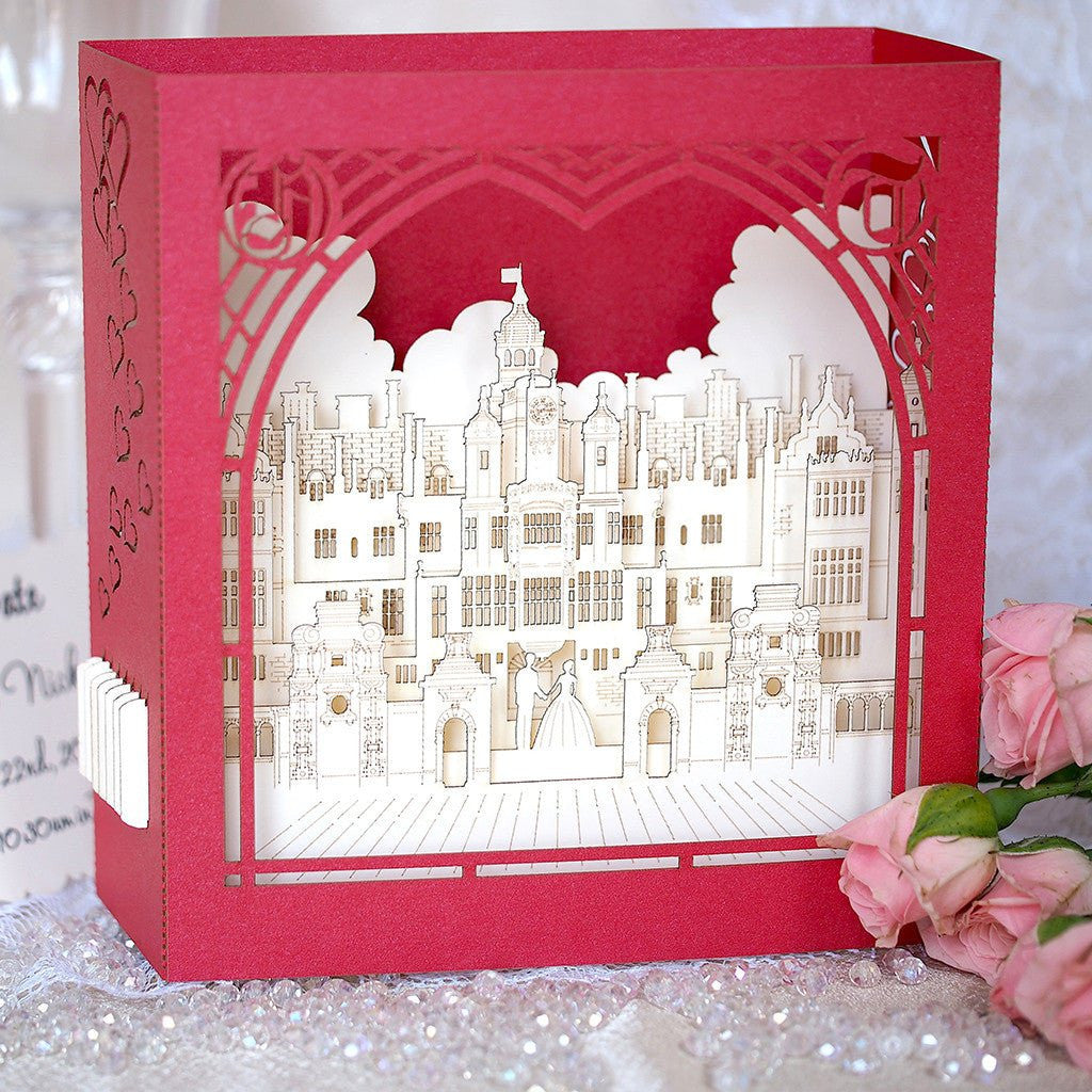 Custom wedding invitation Harlaxton Manor Lincolnshire England pop-up card - ColibriGift
