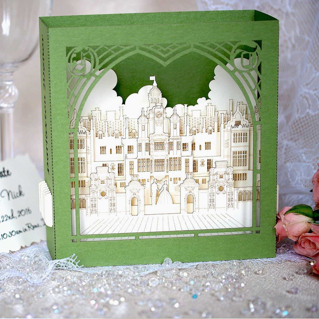 Custom wedding invitation Harlaxton Manor Lincolnshire England pop-up card - ColibriGift