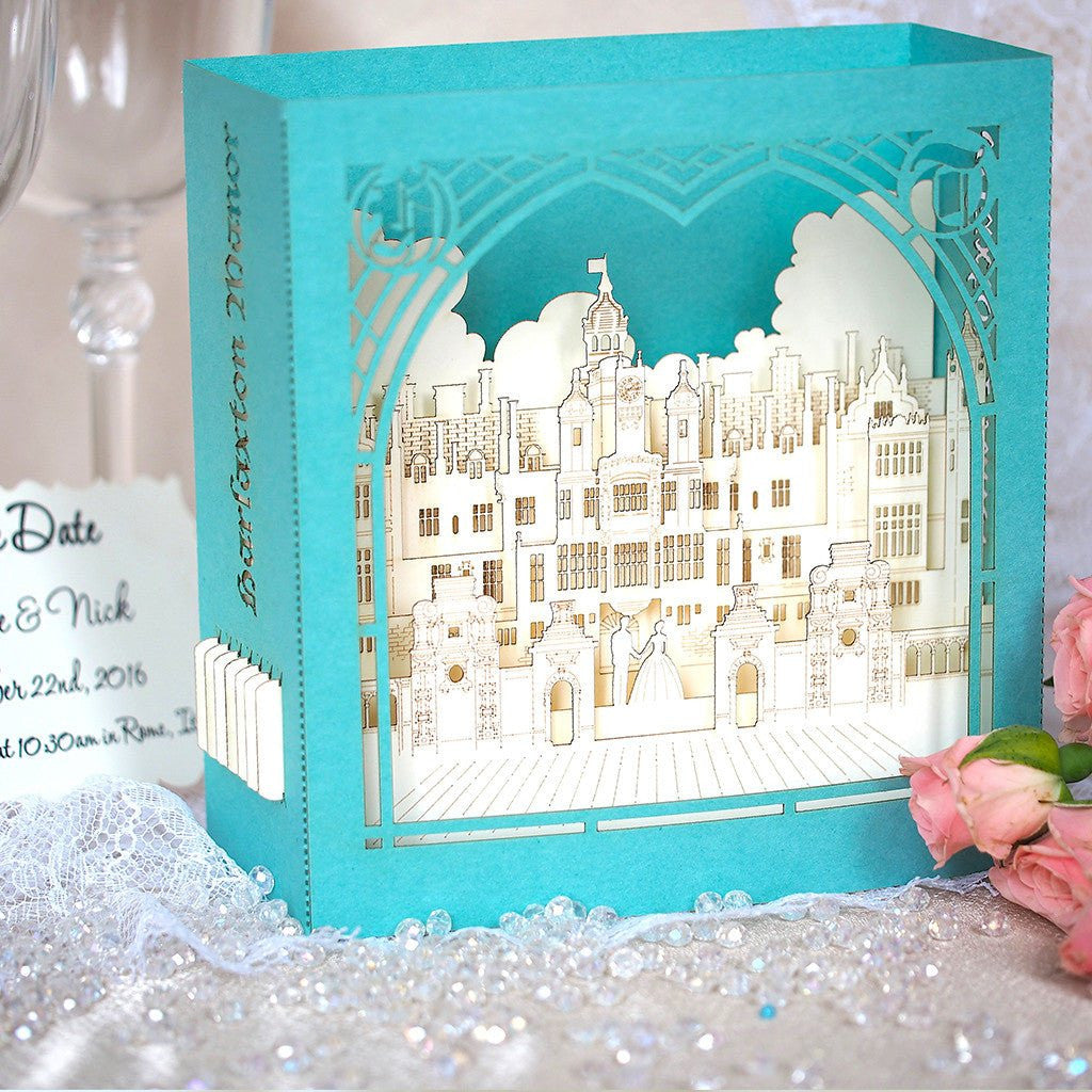 Custom wedding invitation Harlaxton Manor Lincolnshire England pop-up card - ColibriGift